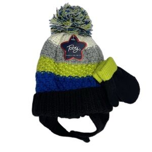 Toby 6-18 months Striped‎ Pom-Pom Hat and Mittens Set - Black, Gray, Blue, Green